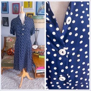 Vintage 1940s Dress | Navy Blue | Polka Dot | Rayon | L | 40s | Flaws